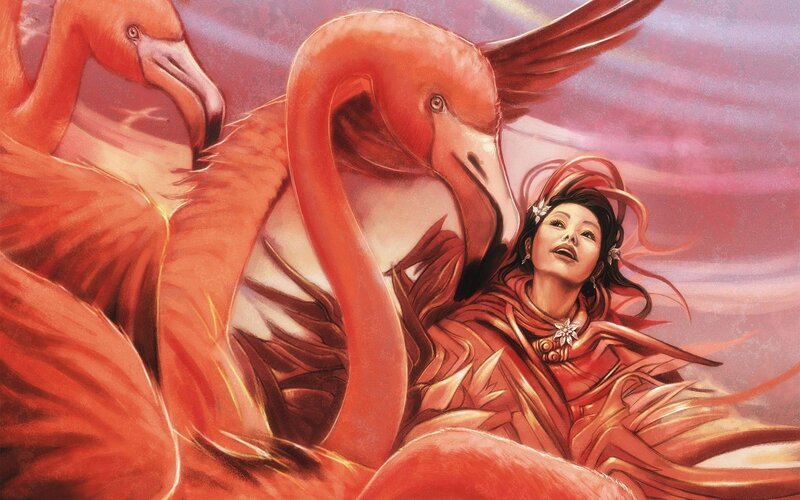 woman with flamingos