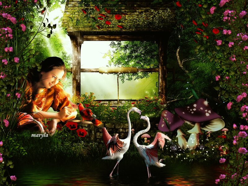 Woman with Flamingos — Green