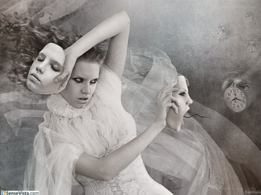 woman with floating faces