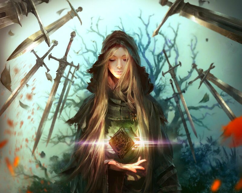 Woman with Floating Swords