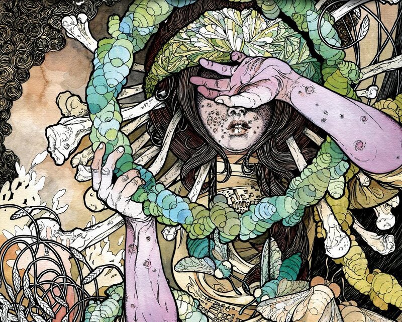 woman with floral crown and bones