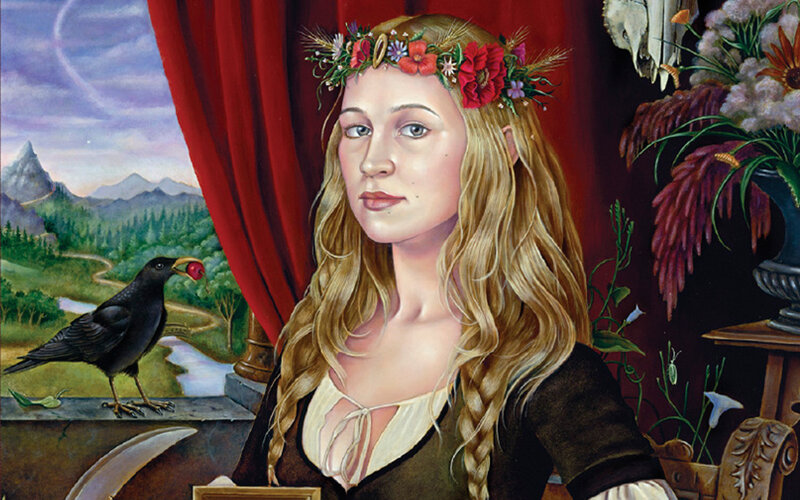 woman with floral crown and crow