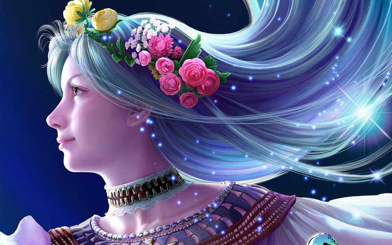 woman with floral crown and glowing hair