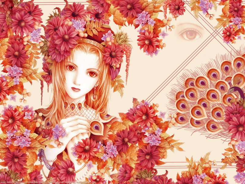 woman with floral crown and peacock