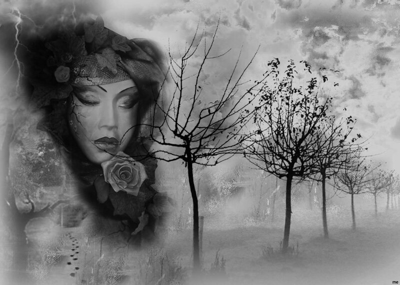 Woman with Floral Crown — Black, Dramatic, Digital Art