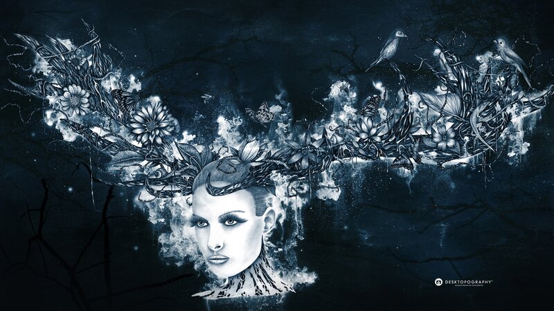 Woman with Floral Crown — Black, Dramatic, Night, Digital Art, Flowers