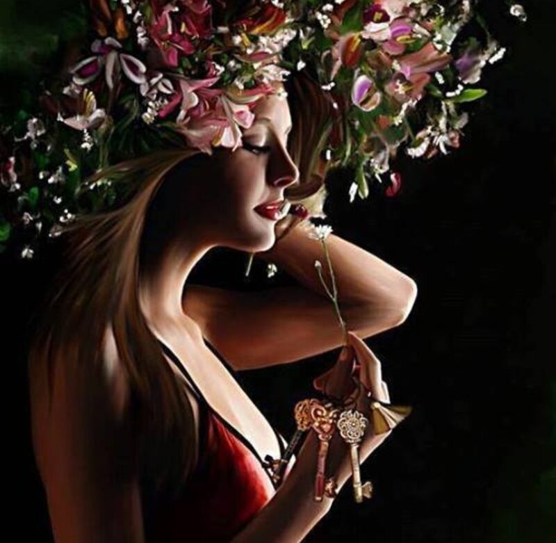 Woman with Floral Crown — Black, Dramatic, Night