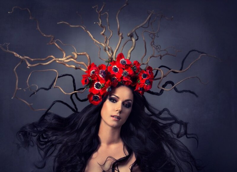 Woman with Floral Crown — Black, Dramatic, Photograph, Flowers, Branches