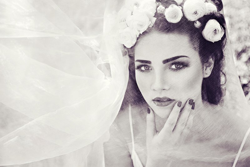 Woman with Floral Crown — Black, Dramatic, Photograph, Veil