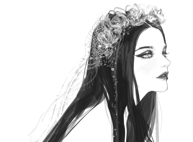 Woman with Floral Crown — Black, Serene, Digital Art