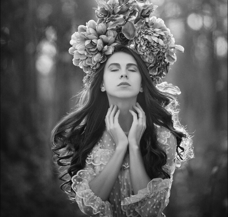 Woman with Floral Crown — Black, Serene, Photograph, Flowers