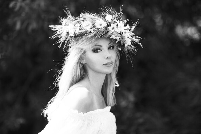 Woman with Floral Crown — Black, Serene, Photograph