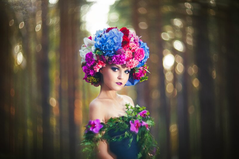 Woman with Floral Crown — Blue, Dramatic, Afternoon