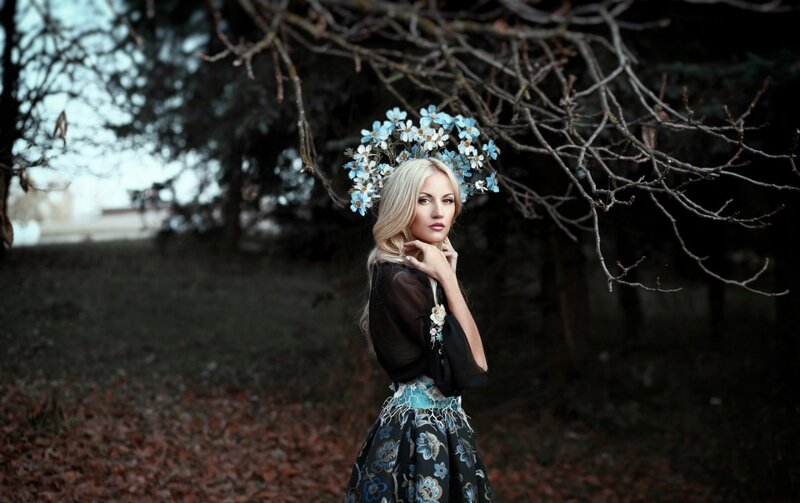 Woman with Floral Crown — Blue, Dramatic, Autumn