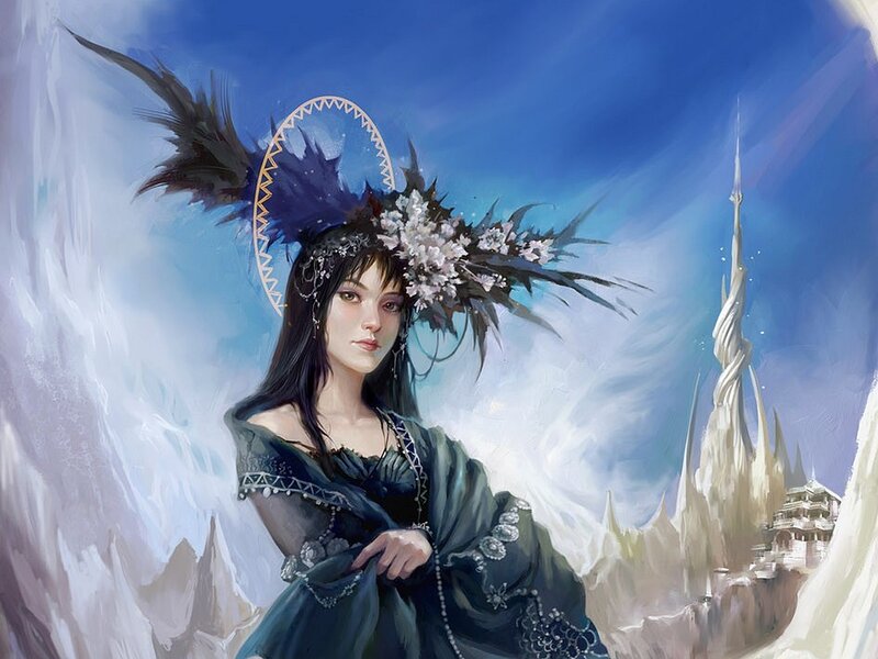 Woman with Floral Crown — Blue, Dramatic, Digital Art