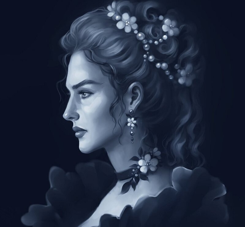 Woman with Floral Crown — Blue, Dramatic, Night, Digital Art, Flowers