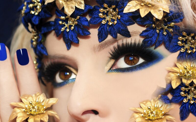 Woman with Floral Crown — Blue, Dramatic, Photograph, Flowers, Makeup, Nails