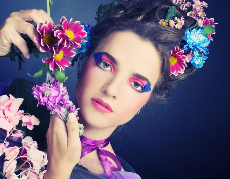 Woman with Floral Crown — Blue, Dramatic, Photograph, Flowers, Makeup