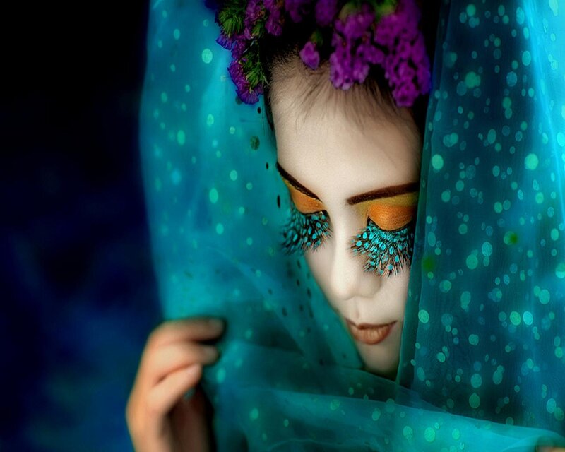 Woman with Floral Crown — Blue, Dramatic, Photograph