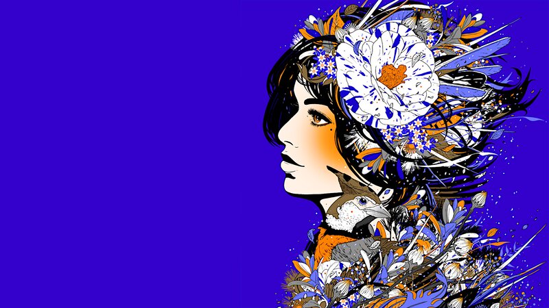 Woman with Floral Crown — Blue, Dreamy, Digital Art, Flowers, Bird