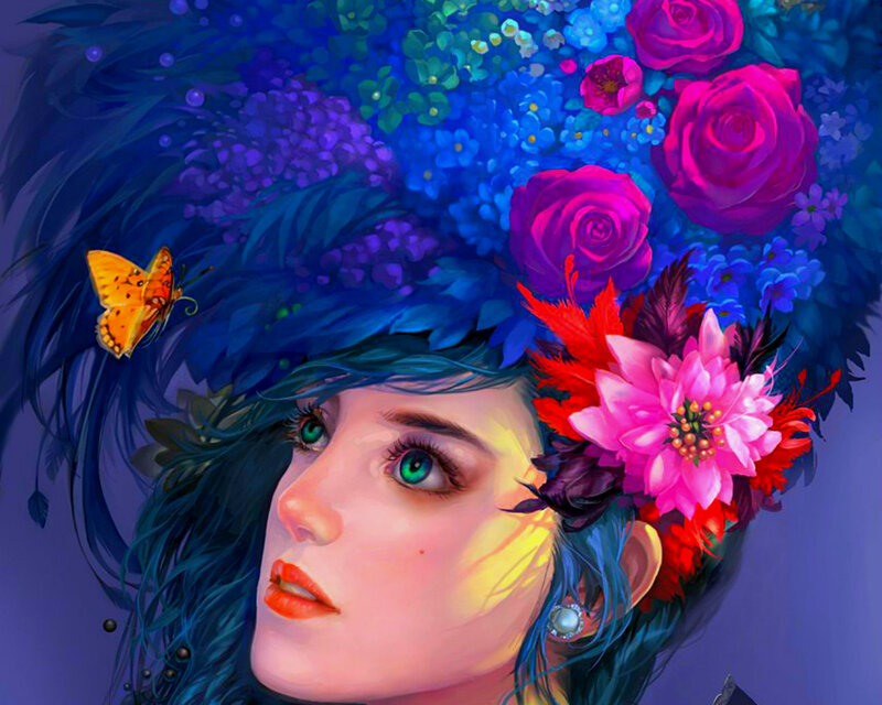 Woman with Floral Crown — Blue, Dreamy, Digital Art, Flowers