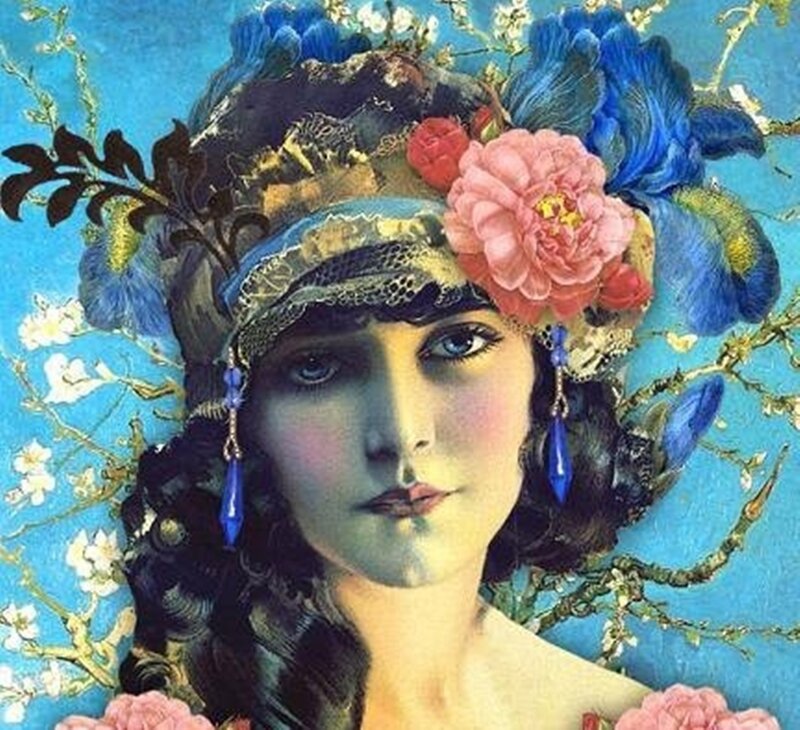 Woman with Floral Crown — Blue, Dreamy, Illustration