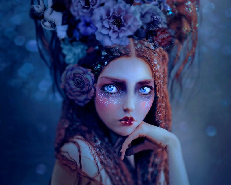 Woman with Floral Crown — Blue, Dreamy, Night, Digital Art