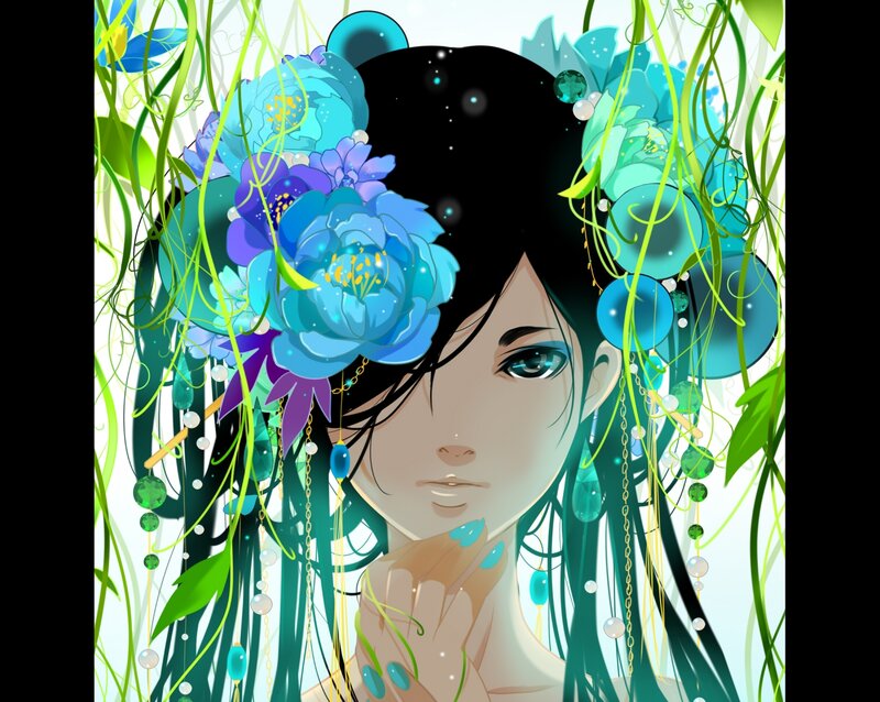 Woman with Floral Crown — Blue, Serene, Digital Art, Flowers, Leaves