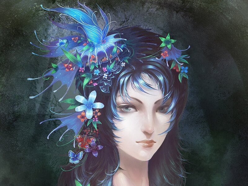 Woman with Floral Crown — Blue, Serene, Digital Art, Flowers