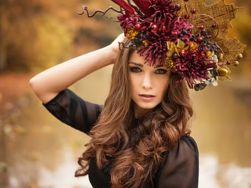 Woman with Floral Crown — Brown, Dramatic, Autumn