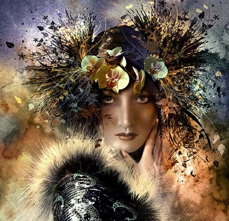 Woman with Floral Crown — Brown, Dramatic, Digital Art