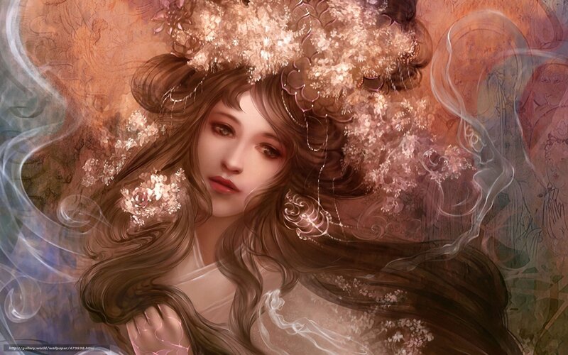 Woman with Floral Crown — Brown, Ethereal, Digital Art