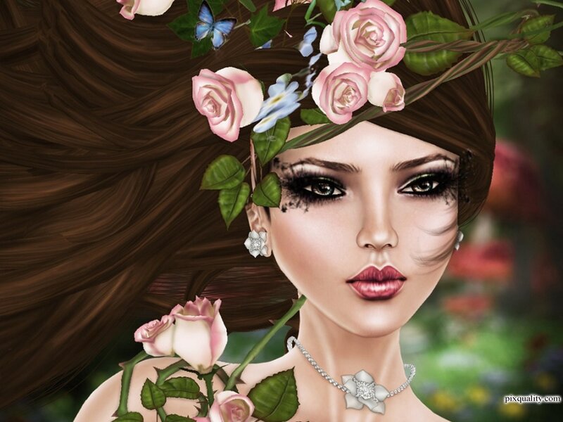 Woman with Floral Crown — Brown, Serene, Digital Art, Roses