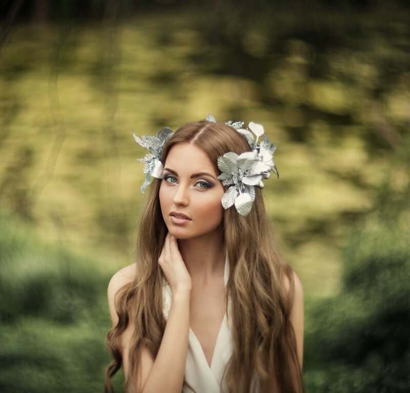 Woman with Floral Crown — Brown, Serene, Photograph