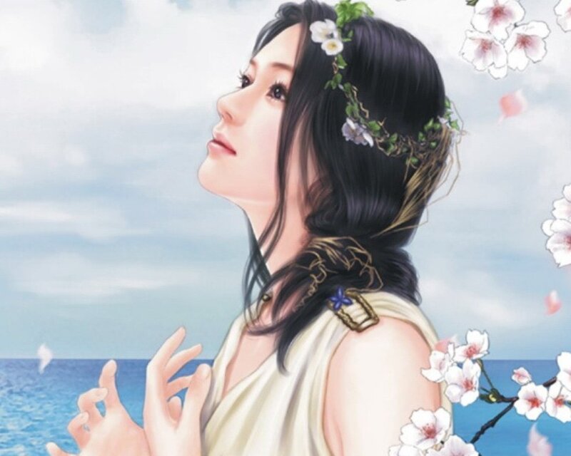 woman with floral crown by the sea
