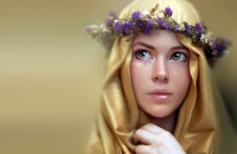 Woman with Floral Crown — Gold, Serene, Digital Art