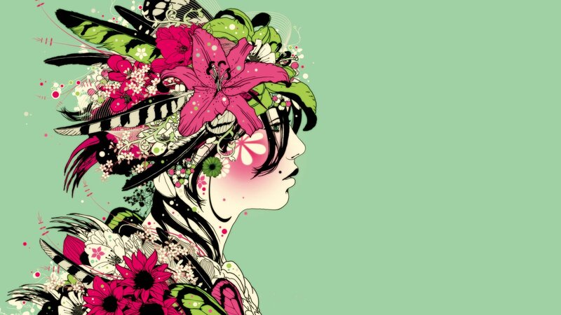 Woman with Floral Crown — Green, Dreamy, Digital Art, Flowers, Feathers, Butterflies