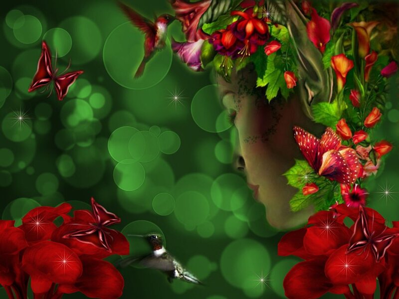 Woman with Floral Crown — Green, Dreamy, Digital Art