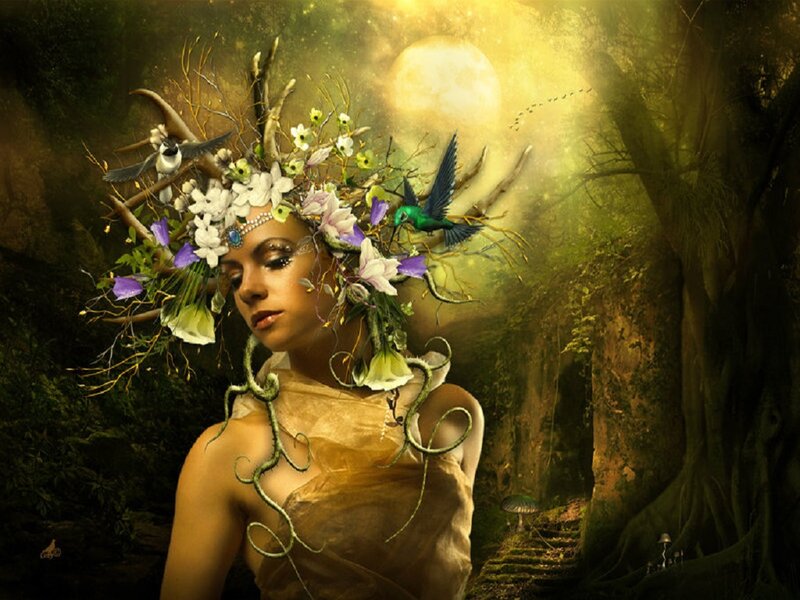 Woman with Floral Crown — Green, Mystical, Night