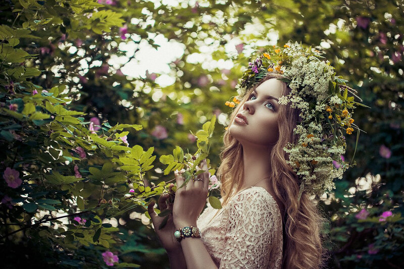 Woman with Floral Crown — Green, Serene, Afternoon