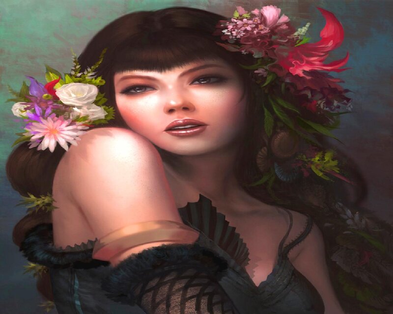 Woman with Floral Crown — Green, Serene, Digital Art, Flowers, Hair