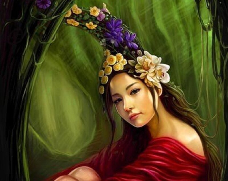 Woman with Floral Crown — Green, Serene, Digital Art