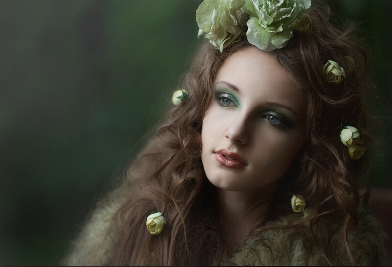 Woman with Floral Crown — Green, Serene, Photograph