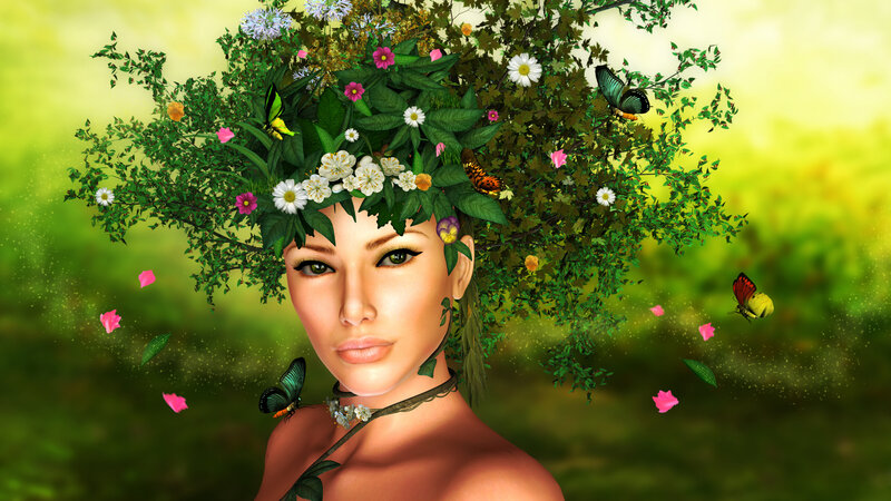Woman with Floral Crown — Green, Serene, Spring, Digital Art