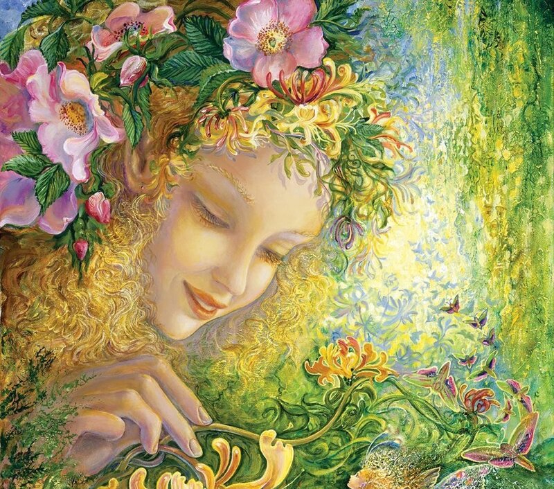 Woman with Floral Crown — Green, Serene, Spring, Painting