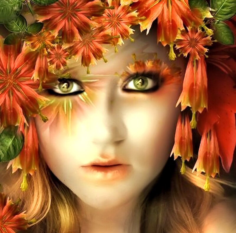 Woman with Floral Crown — Orange, Dreamy, Digital Art