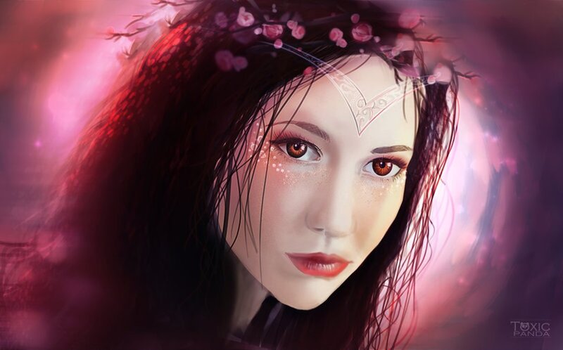 Woman with Floral Crown — Pink, Dramatic, Digital Art