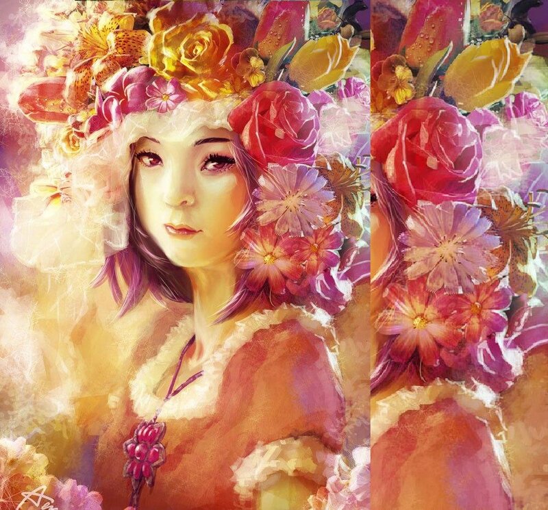 Woman with Floral Crown — Pink, Serene, Digital Art, Flowers