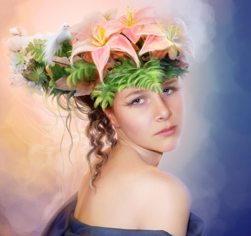 Woman with Floral Crown — Pink, Serene, Digital Art
