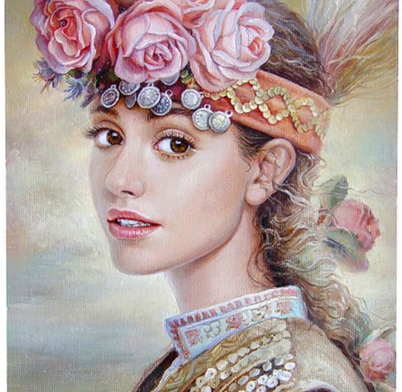 Woman with Floral Crown — Pink, Serene, Painting